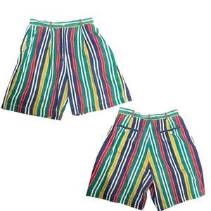 1990s Cotton Bright Stripe High Waist Shorts Pleated / Women’s Small